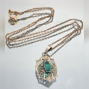 Vintage Art Deco Green Glass Pendant & 13" Gold Filled Chain Necklace